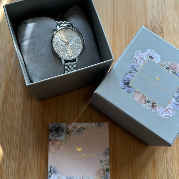 Olivia Burton All Silver Bejewelled Watch With 34mm Lace Detail Floral Face. - Picture 9 of 10